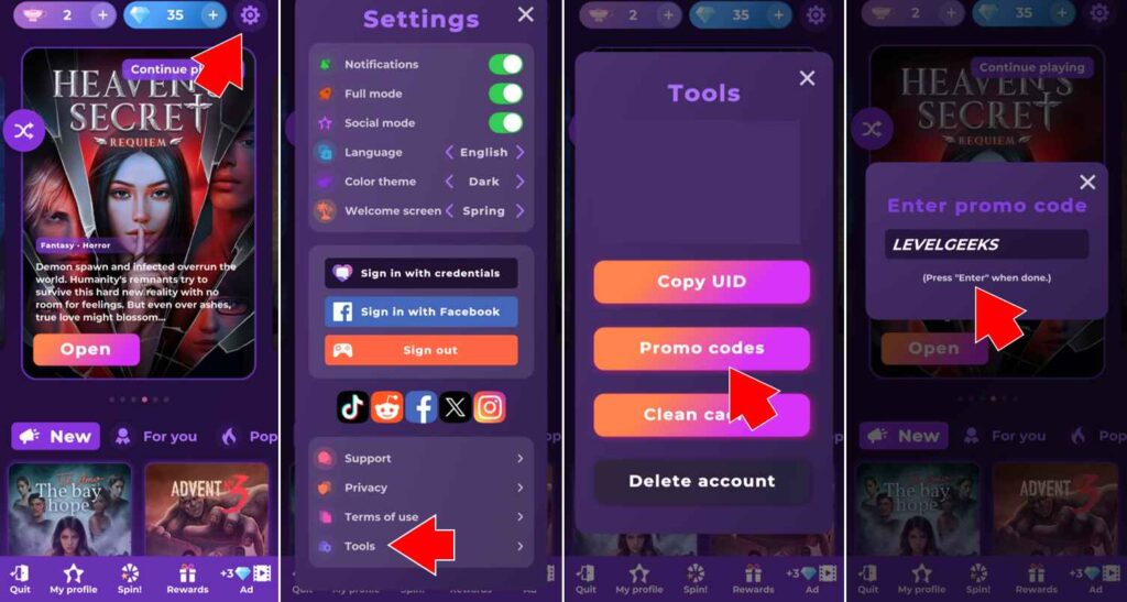 how to redeem promo code in romance club